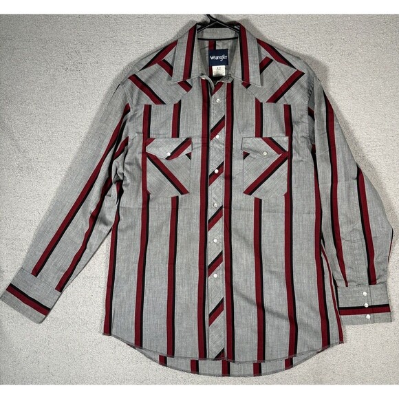 Vintage Wrangler Pearl Snap Shirt Men’s Size 16-34 Stripes Grey Red Cowboy Cut - Picture 1 of 10